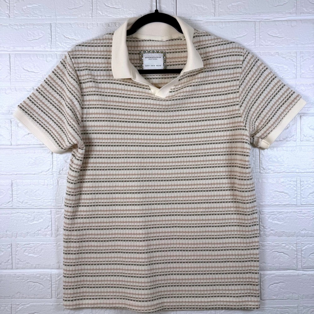 Denim & Flower Polo Shirt Mens M Cream Tan Striped Textured Knit Short Sleeve